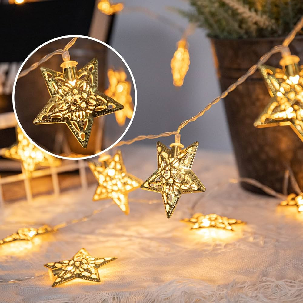Vigdur 10Ft Star String Lights - 20 LEDs Star Fairy Lights Battery Operated with Timer Indoor Chr... | Amazon (US)