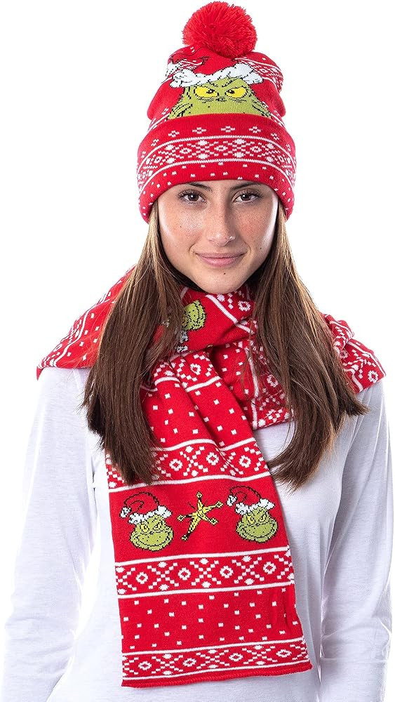 Dr. Seuss GRINCH Who Stole Christmas Knit Scarf & Pom Beanie Set | Amazon (US)