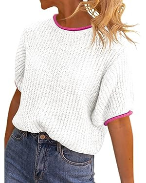 Saodimallsu Womens Puff Short Sleeve Sweater Tops Spring Summer Color Block Ribbed Knit Crew Neck... | Amazon (US)
