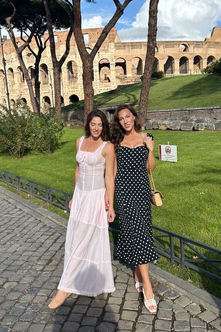 Europe outfits // Wearing a 4 in Reformation polka dot dress and a Small in Frankie’s maxi dress (we bought the white dress and hand-dyed in pink)
