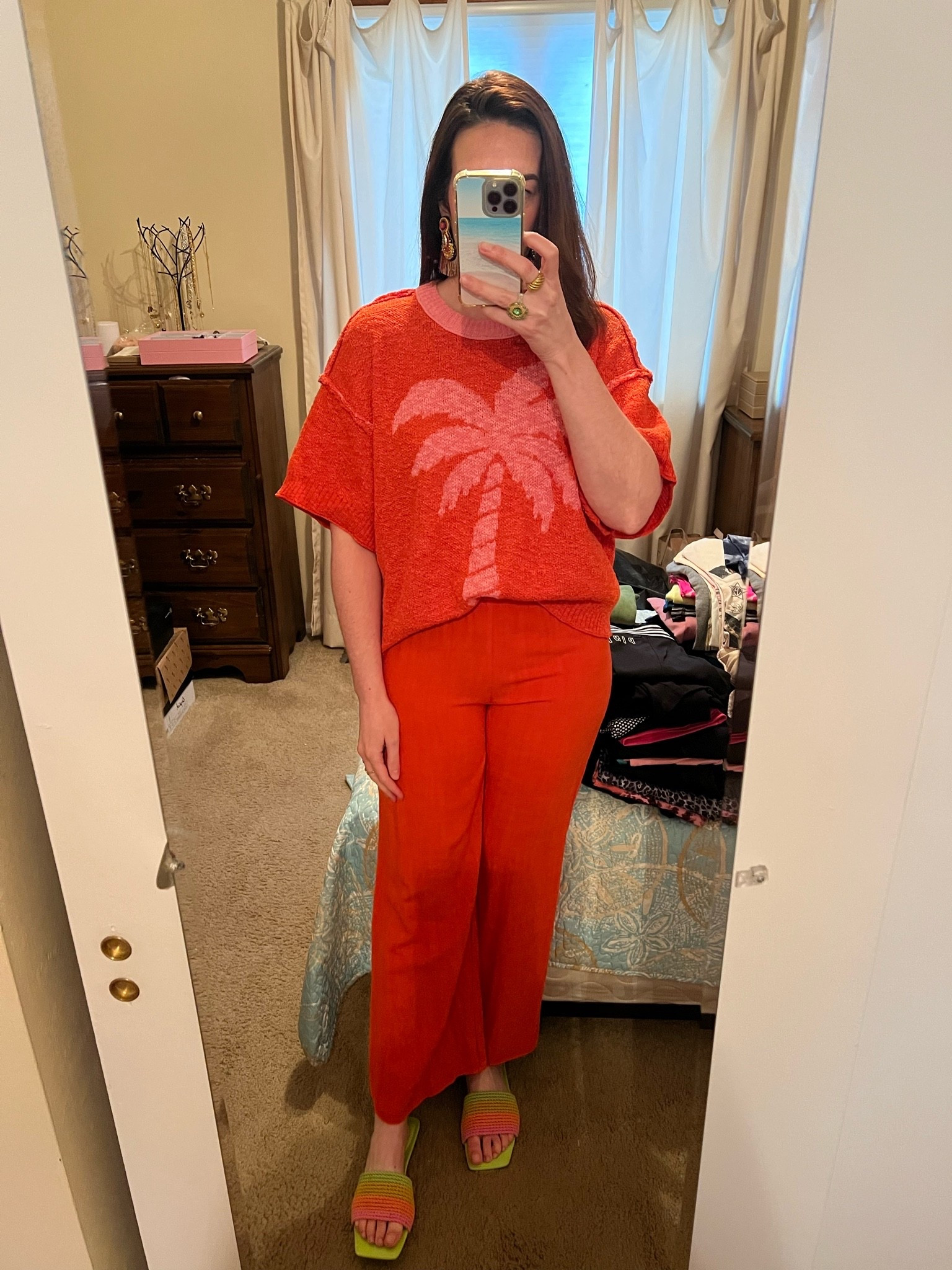 Red palm tree sweater (xs). Red linen pants (s). Green multicolor sandals (8.5). #sweater #palmtreesweater #redsweater #pants #linenpants #redlinenpants #sandals #greensandals #multicolorsandals #summeroutfits
summer outfits 
vacation beach outfits

#LTKootd #LTKSeasonal