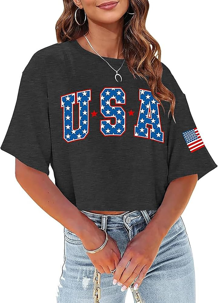 American Flag Women's Sexy Graphic Crop Tops Memorial Day Shirts Patriotic Casual Short Sleeve Cr... | Amazon (US)