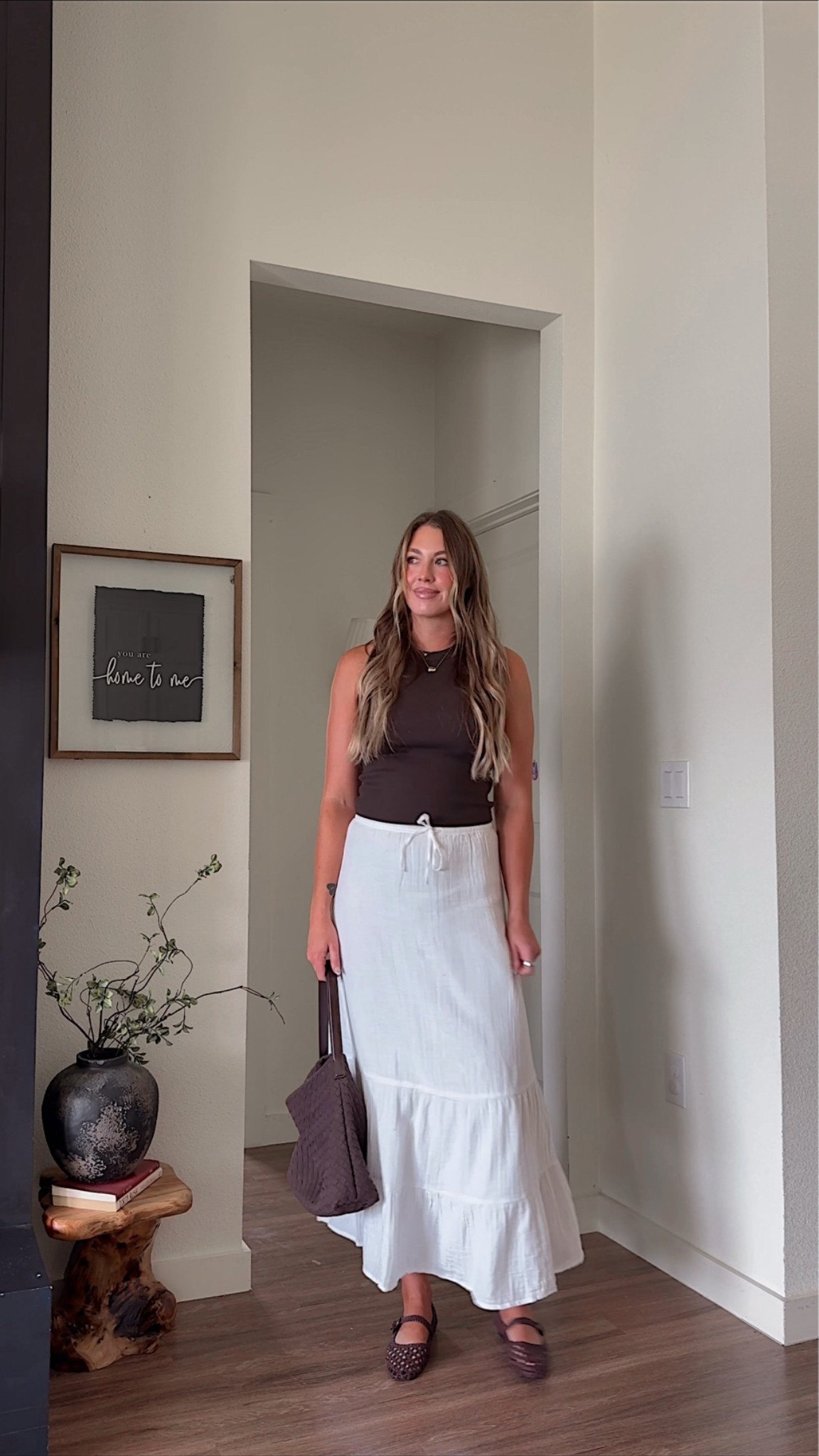 Casual summer outfit idea selling a white maxi skirt! I’m 510 wearing a small tall skirt and small tall and tank top ￼