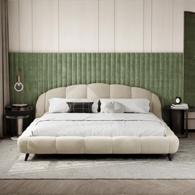 King Size Fully Upholstered Platform Bed, Chenille Shell-shape Vertical Channel Thick Padded Headboard & Footboard | Wayfair North America