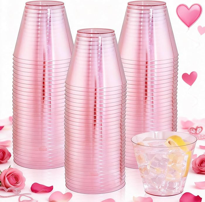 Ciaell 300PCS Clear Pink Plastic Cups - 9 Oz Heavy Duty Plastic Cups - Clear Party Cup Disposable... | Amazon (US)