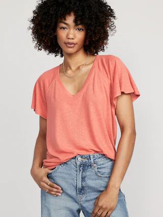 Oversized V-Neck Linen-Blend Tunic T-Shirt for Women | Old Navy (US)