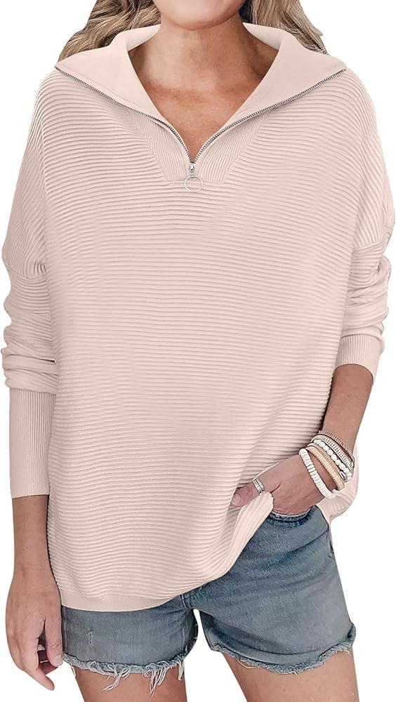 Women's Oversized Sweater Quarter Zip V Neck Collared Ribbed Knit Pullover Tunic 2023 Y2K Fall Tops | Amazon (US)