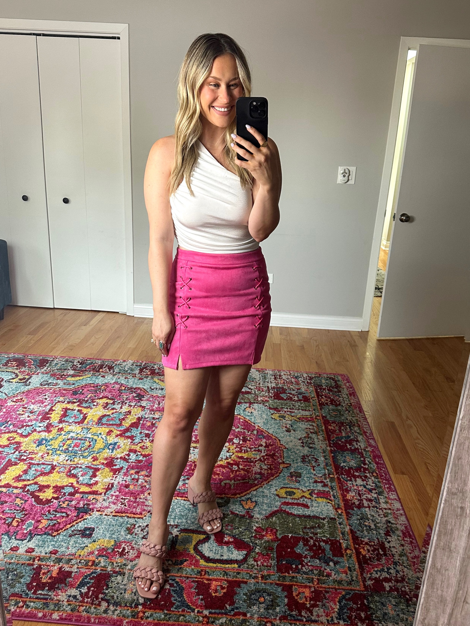 Summer outfit idea / pink skirt, one shoulder top and braided heels #amazonfinds #amazonfashion #summeroutfit 

#LTKshoecrush #LTKstyletip #LTKunder50