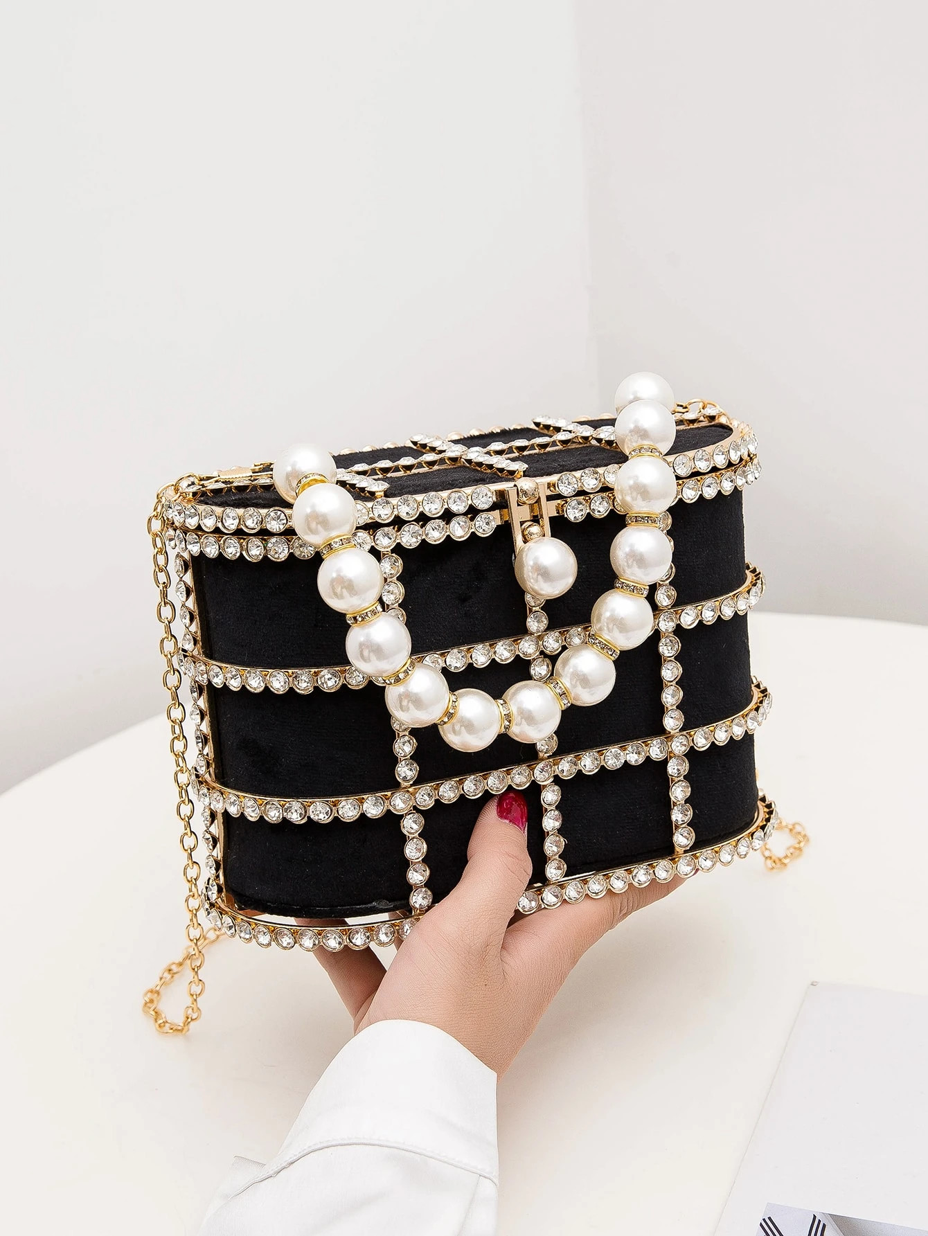 Rhinestone & Faux Pearl Decor Chain Clutch Bag | SHEIN