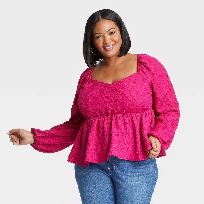 Women's Plus Size Long Sleeve Sweetheart Peplum Top - Ava & Viv™ | Target
