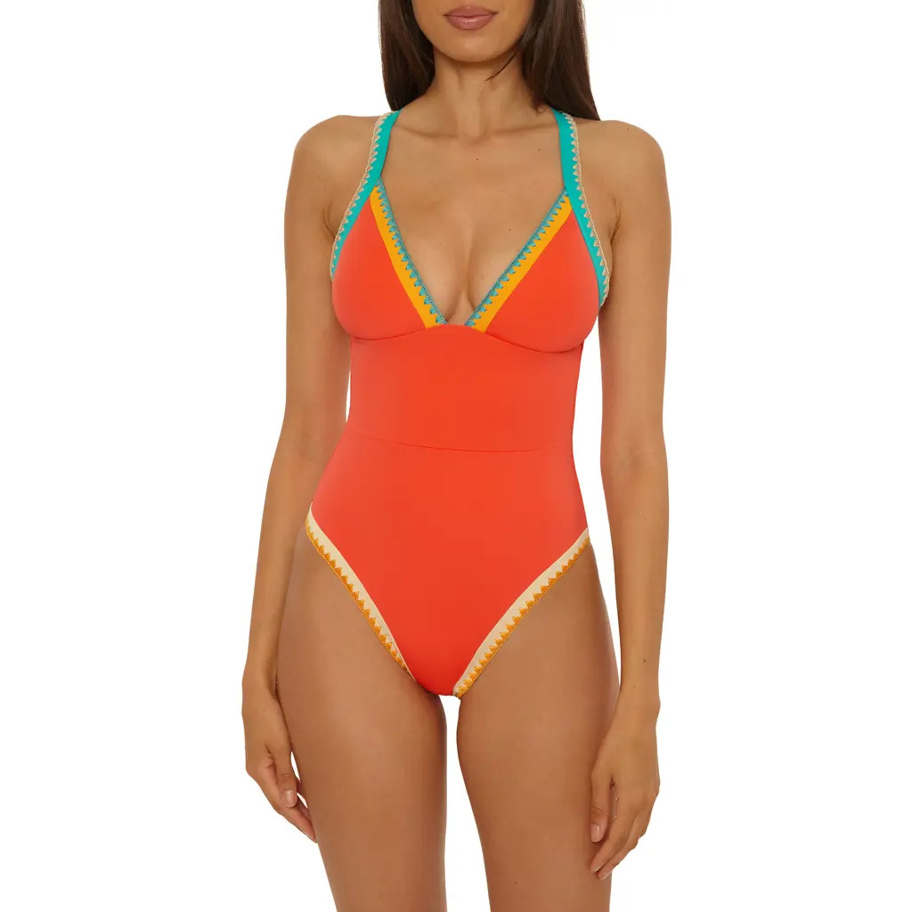 Lucky Brand Avila Embroidered Trim Colorblock Binding One-Piece Swimsuit in Scarlet at Nordstrom, Size Medium | Nordstrom