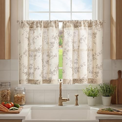 jinchan Floral Kitchen Curtains 30 Inch Linen Tier Curtains Farmhouse Cafe Half Window Drapes Ove... | Amazon (US)