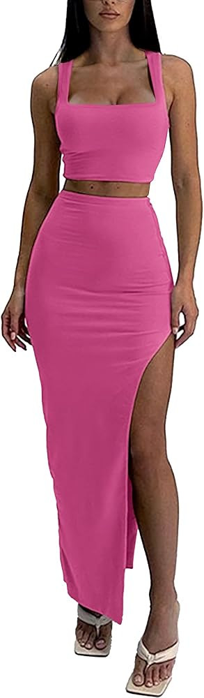 ELLEVEN Two Piece Maxi Skirt Sets for Women, Square Neck Tank Tops with High Side Slit Dress Sets... | Amazon (US)