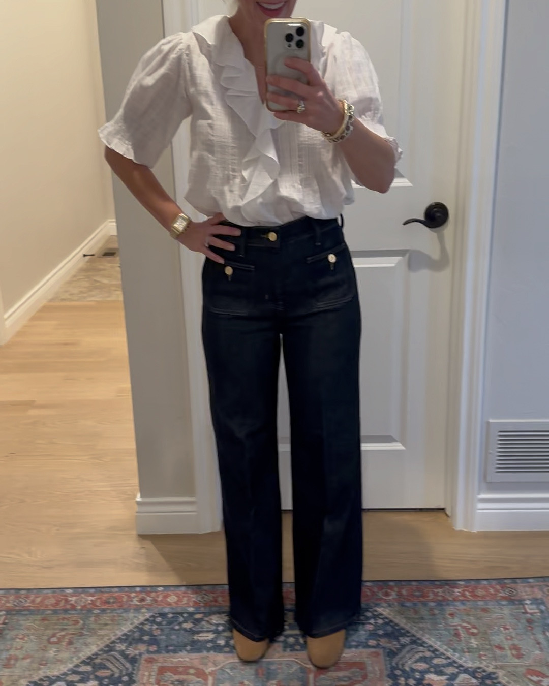 Loving these beautiful dark denim sailor jeans. They are so comfortable and so flattering. They are long, so I got them hemmed. They Fit tts unless you have a smaller waist, then I’d go down one size.  I included some other pretty denim pieces….💙Denim. Best jeans. Dressy jeans. Family photos  

#LTKSeasonal #LTKStyleTip #LTKVideo