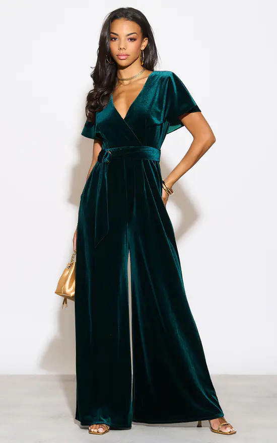Velvet Belted Wide Leg Jumpsuit In Forest Green | Edie b. | SilkFred | SilkFred