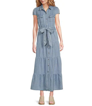 KUT from the Kloth Maxi Point Collar V-Neck Cap Sleeve Light Wash Tiered Denim Maxi Dress | Dilla... | Dillard's