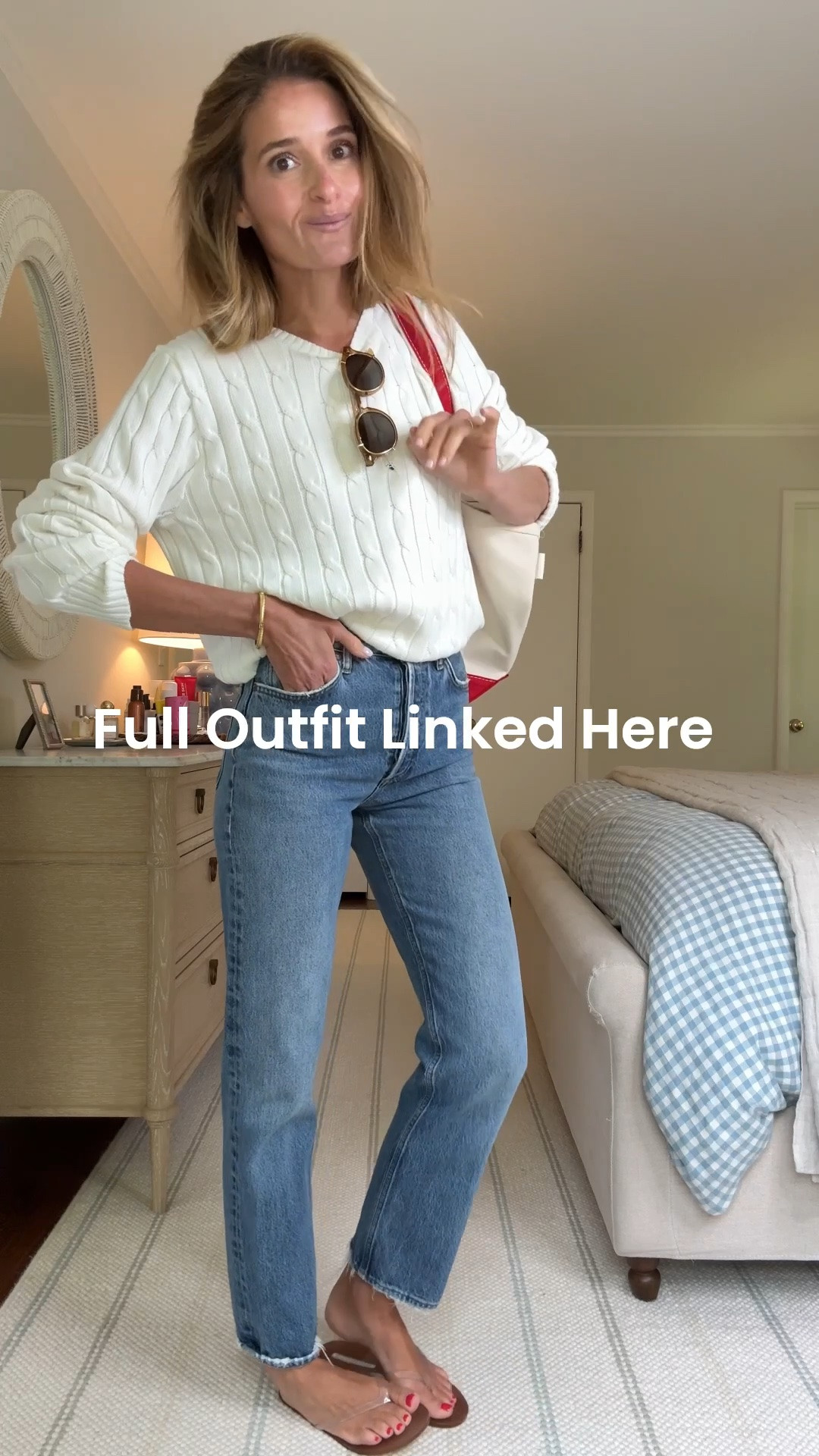 Sized up to a M in the sweater, jeans tts in a 25. Flip flops: run tts in a 37. Bag is old sorry I can’t link!  Sunglasses are Jimmy Fairly - I can link in LTK but I’ll link in stories!

#LTKdayinmylife #LTKgrwm #LTKootd