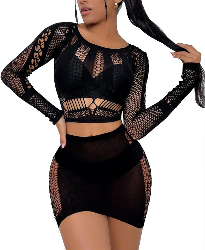 Buitifo Sexy Lingerie for Women Fishnet Babydoll Nightwear Exotic Top and Mini Skirt Set | Amazon (US)