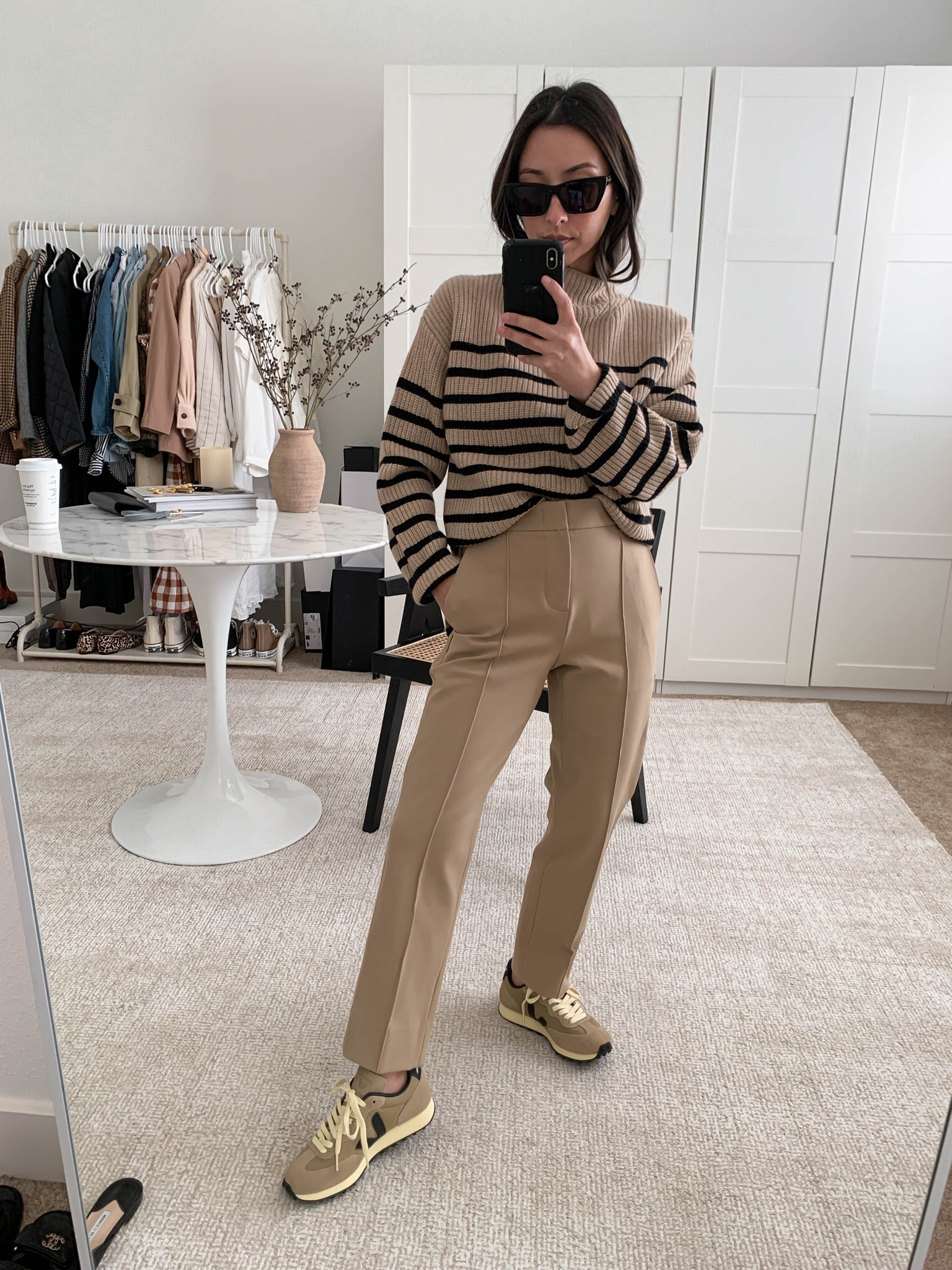 Rails striped sweater on sale! Vince trousers on sale! Nude monochrome outfit. Petite outfit styling. Neutral outfits. 

Coat - AYR xs (old)
Sweater - Rails xxs
Pants - Vince 00
Sneakers - New Balance  4.5 men’s
Bag - Celine Triomphe medium 
Sunglasses - YSL  


#LTKshoecrush #LTKsalealert