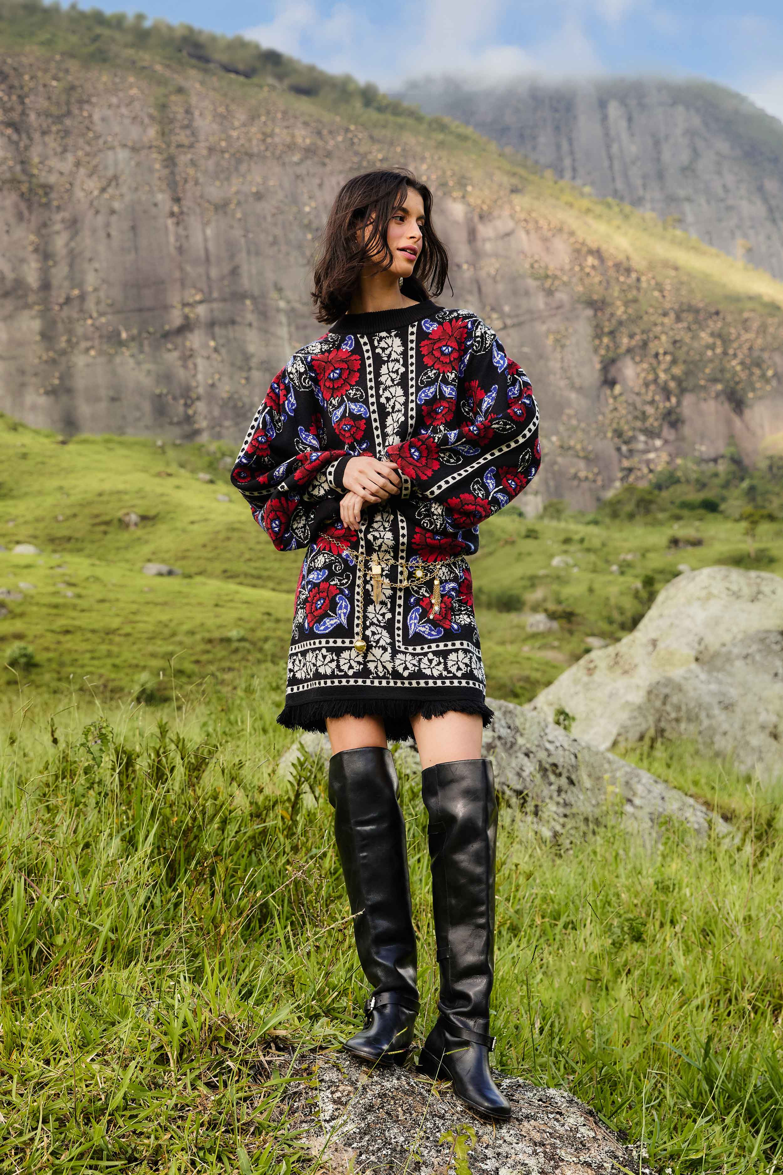 Black Valentina Puff Sleeve Knit Dress | FARM Rio | FarmRio (US)