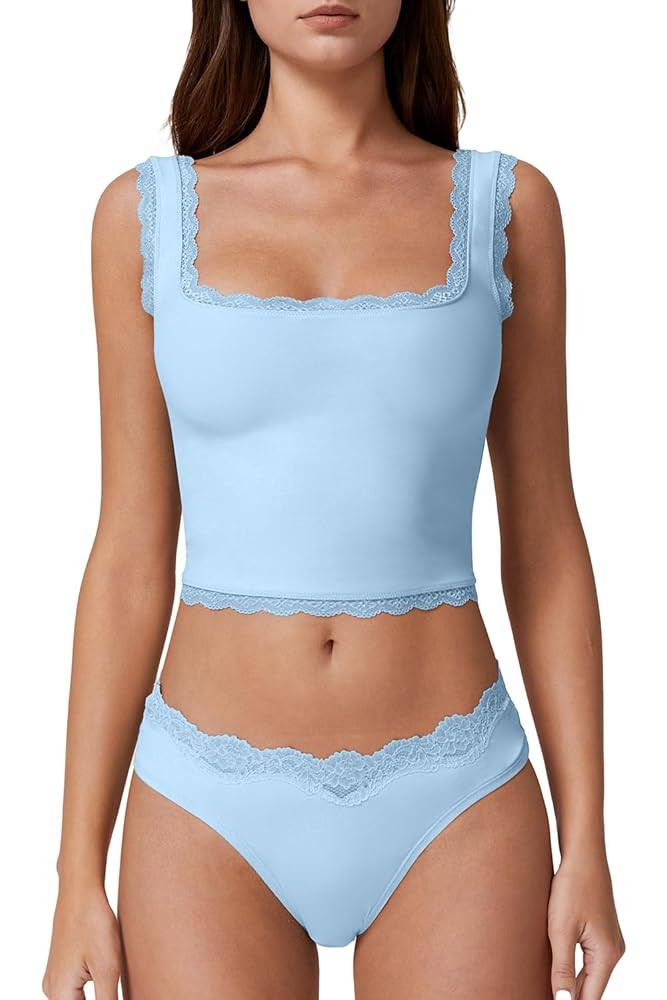 QINSEN Womens Square Neck Lace Trim Tank Tops Double Lined Slim Fit Summer Going Out Y2k T Shirts | Amazon (US)