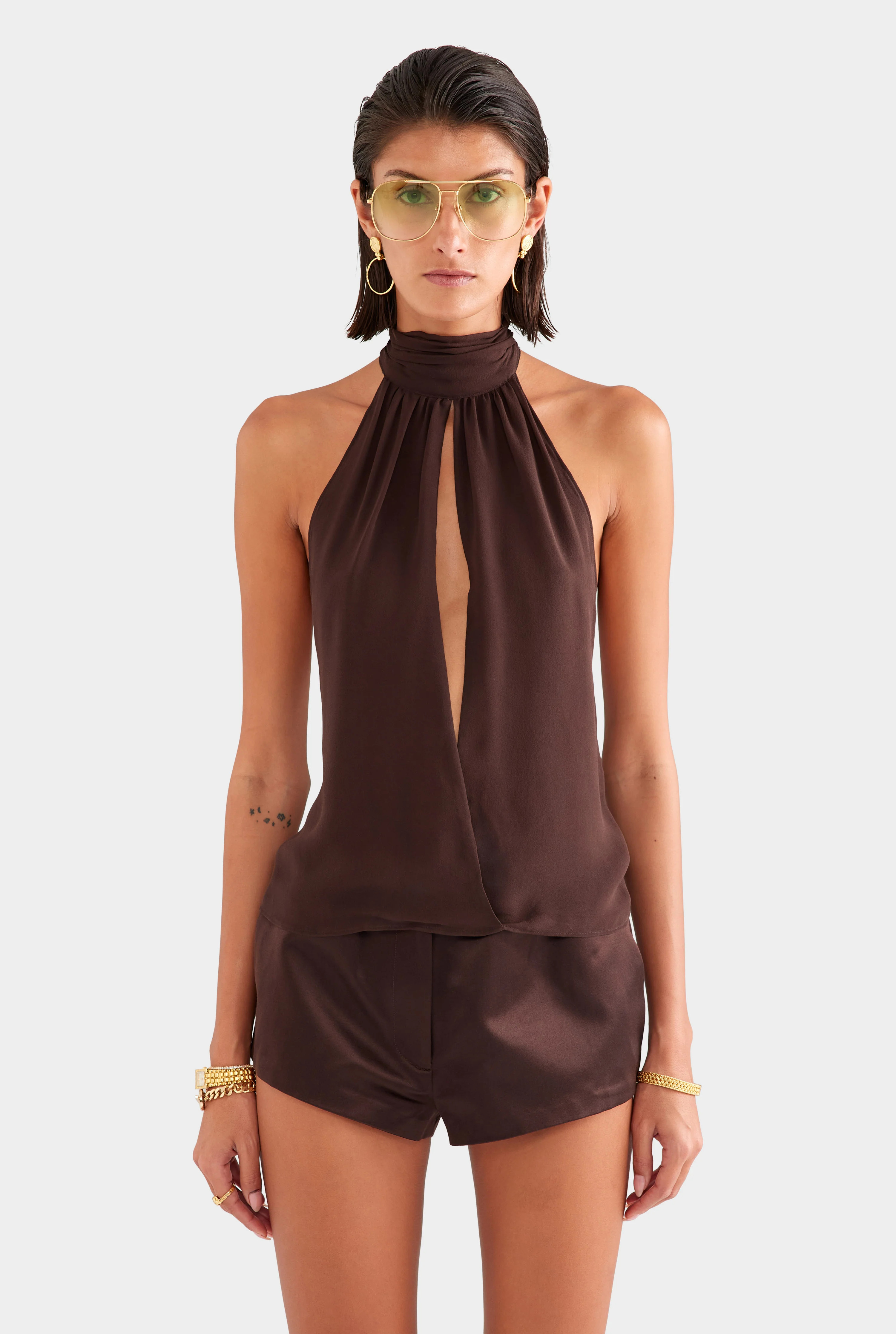 Womens Silk Halter Top Dark Chocolate | Venroy | Venroy AU