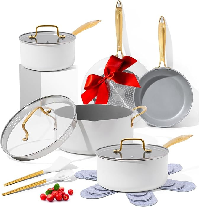 White and Gold Pots and Pans 15 PC Set - Premium Heavy Gauge Nonstick, Non Toxic, PFOA Free, Oven... | Amazon (US)