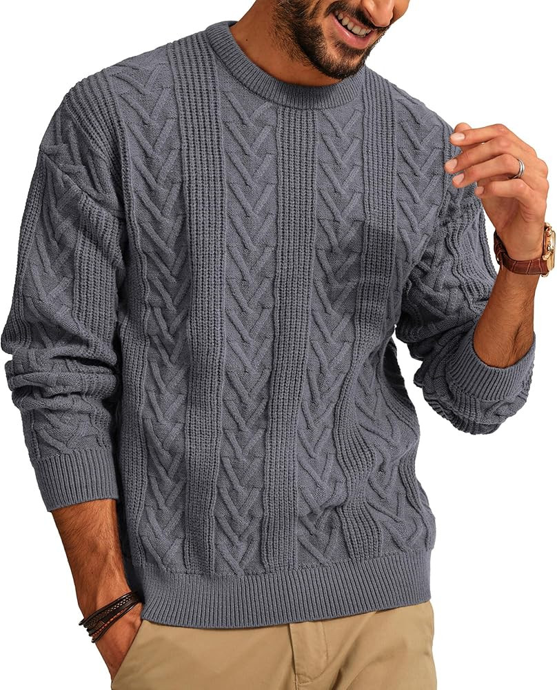 PJ PAUL JONES Mens Crewneck Sweater Casual Cable Knit Pullover Sweater Drop Shoulder Solid Knitte... | Amazon (US)