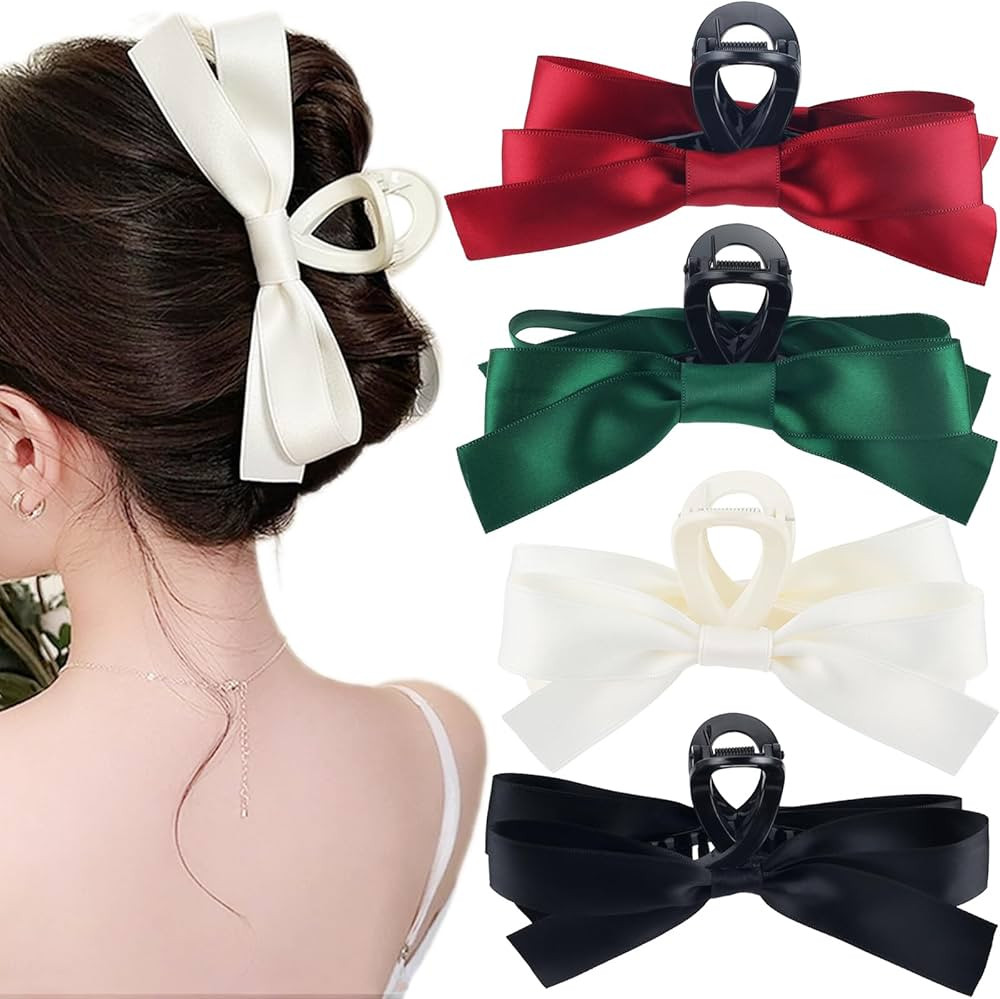 Zkptops 4Pcs Hair Claw Clips Bow Claw Clip for Women Girls Satin Claws Clamps Cute Large Bowknot ... | Amazon (US)
