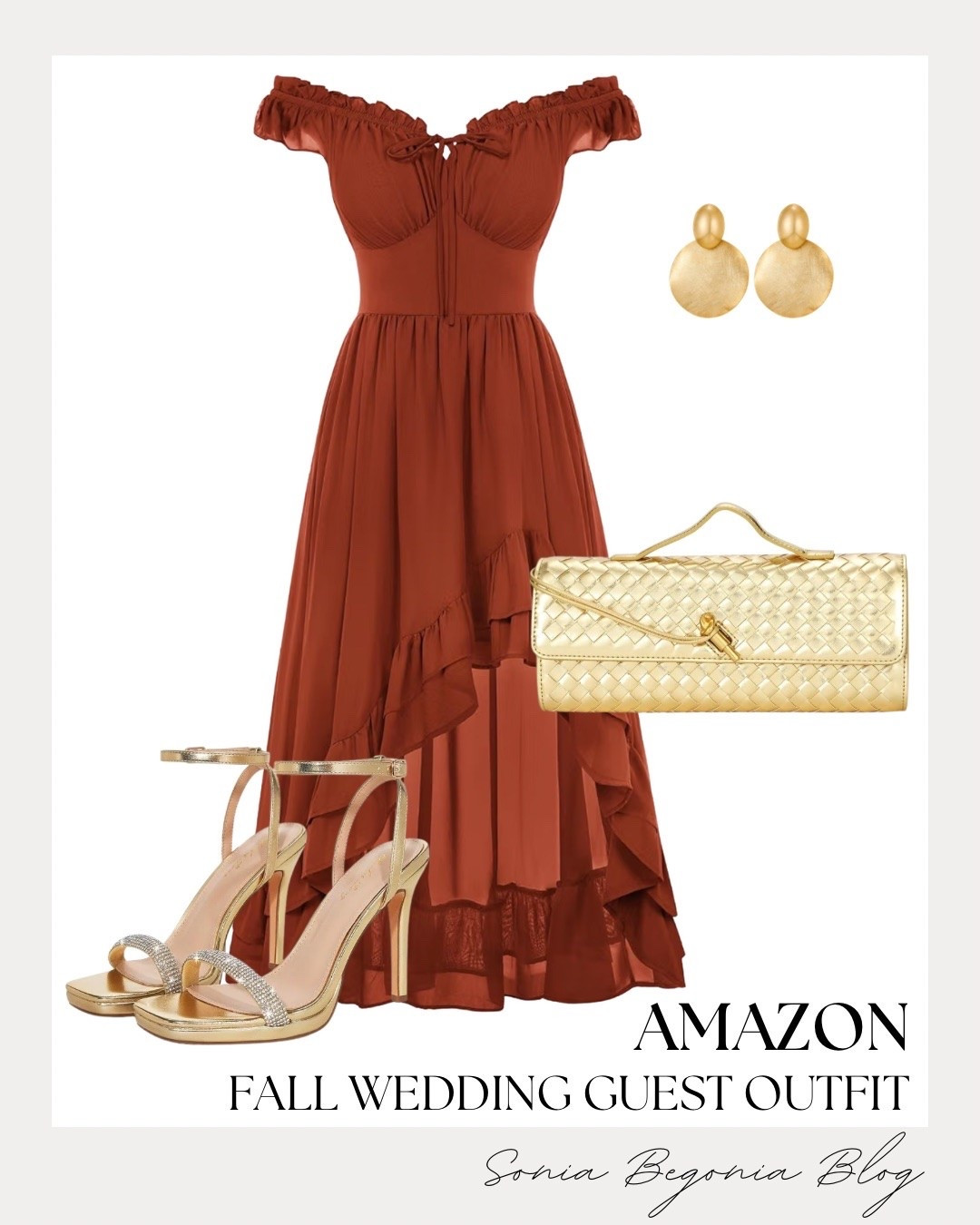 Fall wedding guest perfection! 🍂
I styled this stunning rust orange off-the-shoulder dress with a ruffled high-low hem for an effortless, romantic look.

I paired it with metallic gold strappy heels, a matching woven clutch, and chic statement earrings for an elegant finish. ✨

#AmazonFashion #WeddingGuestDress #FallWedding #OOTD #LTKfashion #SpecialOccasion #StyleInspo #AutumnStyle #GlamLook

#LTKSeasonal #LTKootd #LTKWedding
