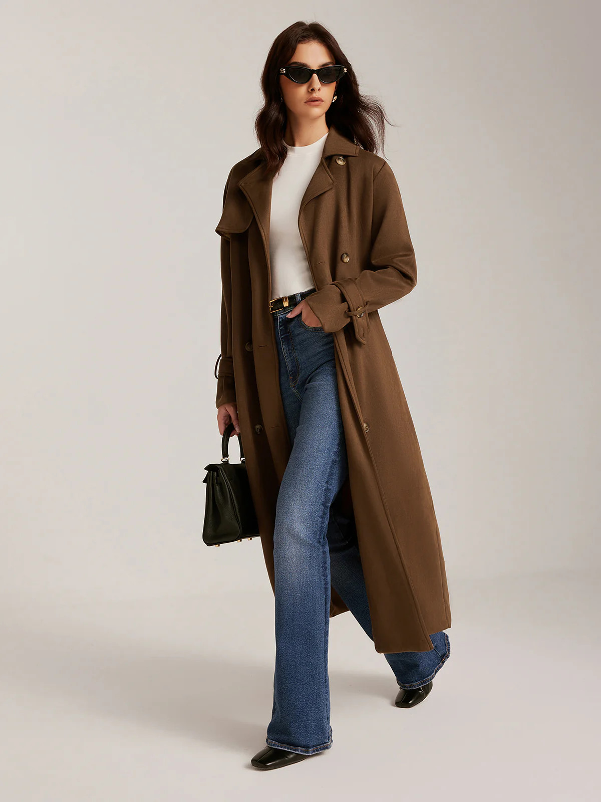 Suede Belted Button Long Trench Coat | Commense