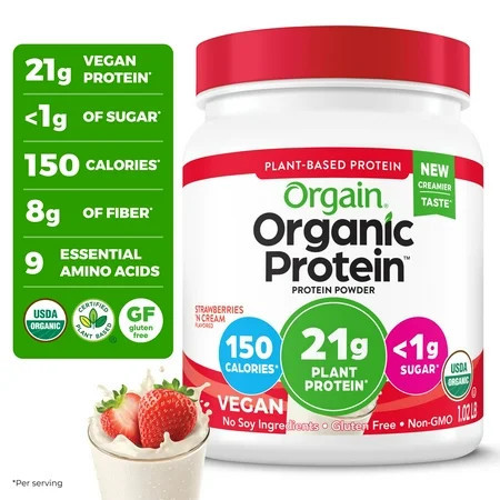 Orgain Organic Vegan 21g Protein Powder, Plant Based Shake Drink, Strawberries n Cream 1.02lb | Walmart (US)