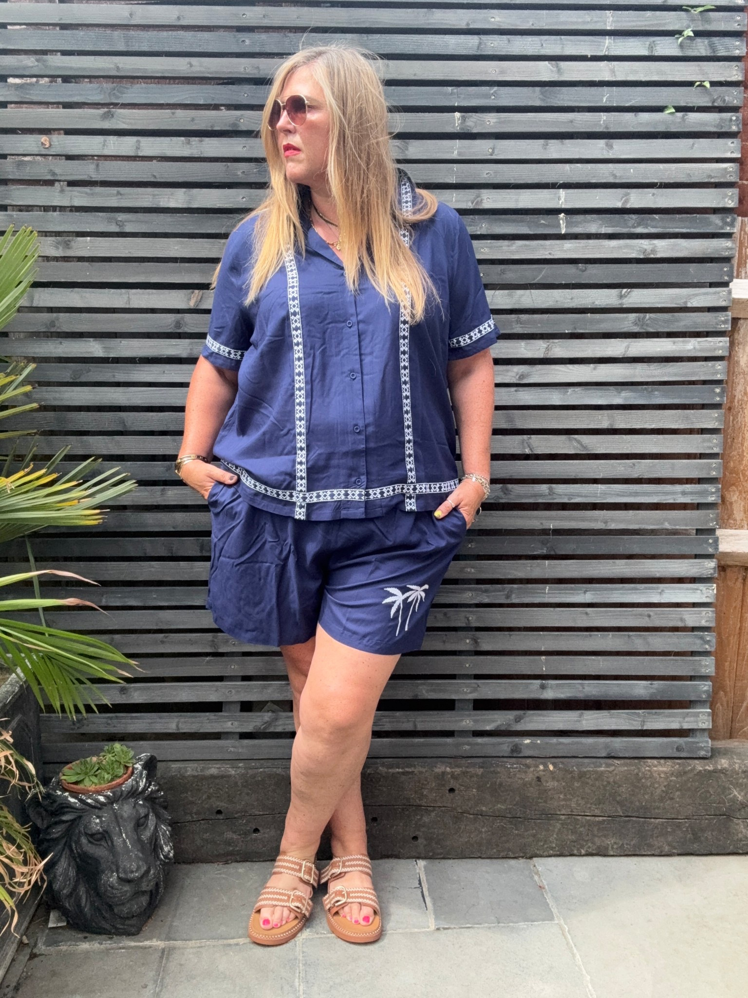 Sunglasses, sandals, navy shorts coord 

#LTKplussize #LTKsummer #LTKcurves