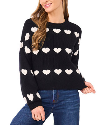 CeCe Women's Valentine's Crewneck Heart Jacquard Long-Sleeve Sweater - Macy's | Macy's