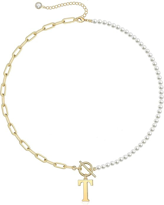 Gold Initial Pearl Necklace for Women, 14K Gold Plated Paperclip Link Chain Necklace Choker Toggl... | Amazon (US)