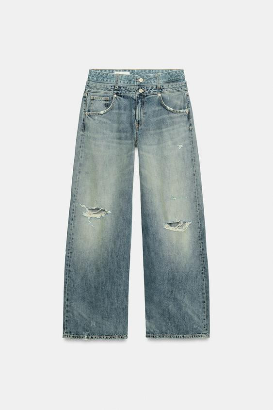 Zara - Trf Mid-Rise Double Waistband Straight Jeans - Light Blue - 26 (Us 2) - Woman | Zara US