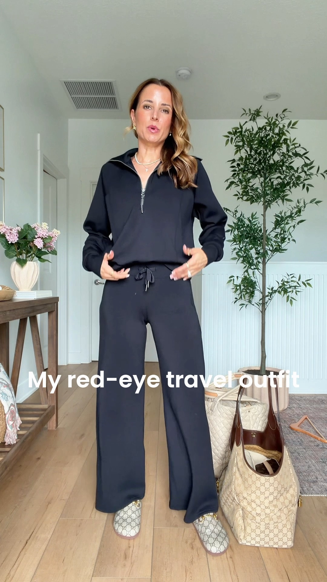 My travel outfit of the day. Airport outfit. What I’m wearing to fly to Iceland. Matching travel set. Matching pant set. Red eye flight outfit. XS petite in pants and XS in half zip. Beis luggage set with covers. Quilted travel tote. Gucci mercato bag in large. 

#LTKootd #LTKgrwm #LTKTravel