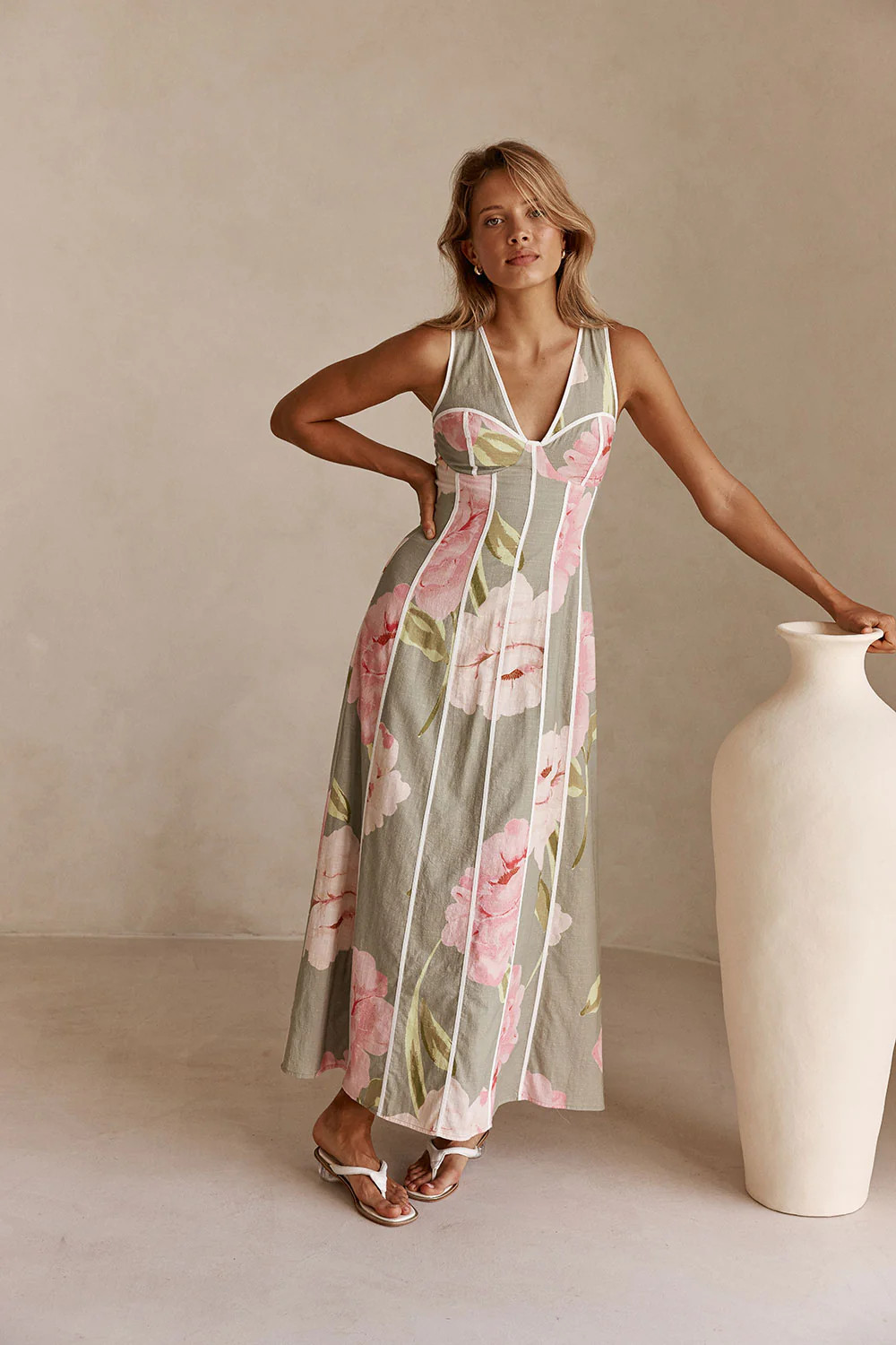 Fiori Green Floral Print V Neck Maxi Emory Dress | Sabo Skirt US