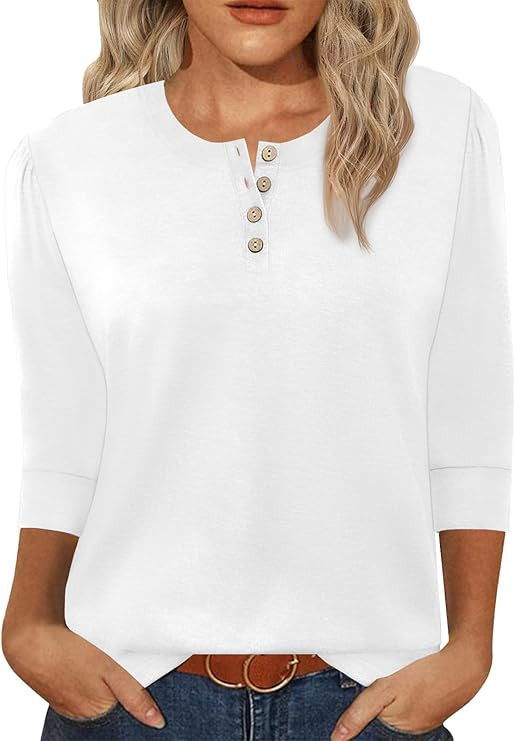 3/4 Length Sleeve Womens Tops Crew Neck Buttons Henley Shirts Tunic T Shirts Loose Fit Work Blous... | Amazon (US)