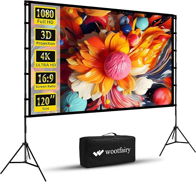 Projector Screen and Stand, Wootfairy 120 inch Foldable and Portable Projection Screen 16:9 4K HD... | Amazon (US)
