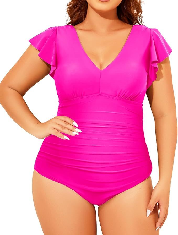Yonique Plus Size Swimsuits for Women One Piece Tummy Control Bathing Suits Ruffle Swimwear | Amazon (US)