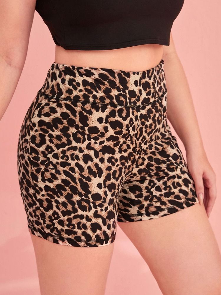 SHEIN Plus Wide Waistband Leopard Biker Shorts | SHEIN