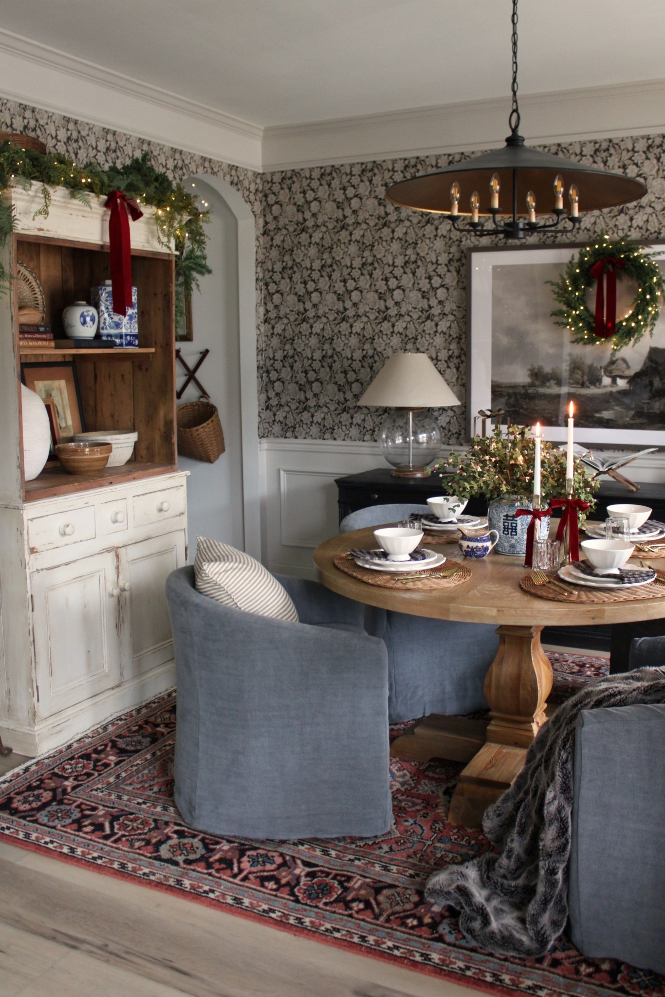 Dining room views, new rug, red rug, vintage style rug, vintage modern, PotteryBarn rug 