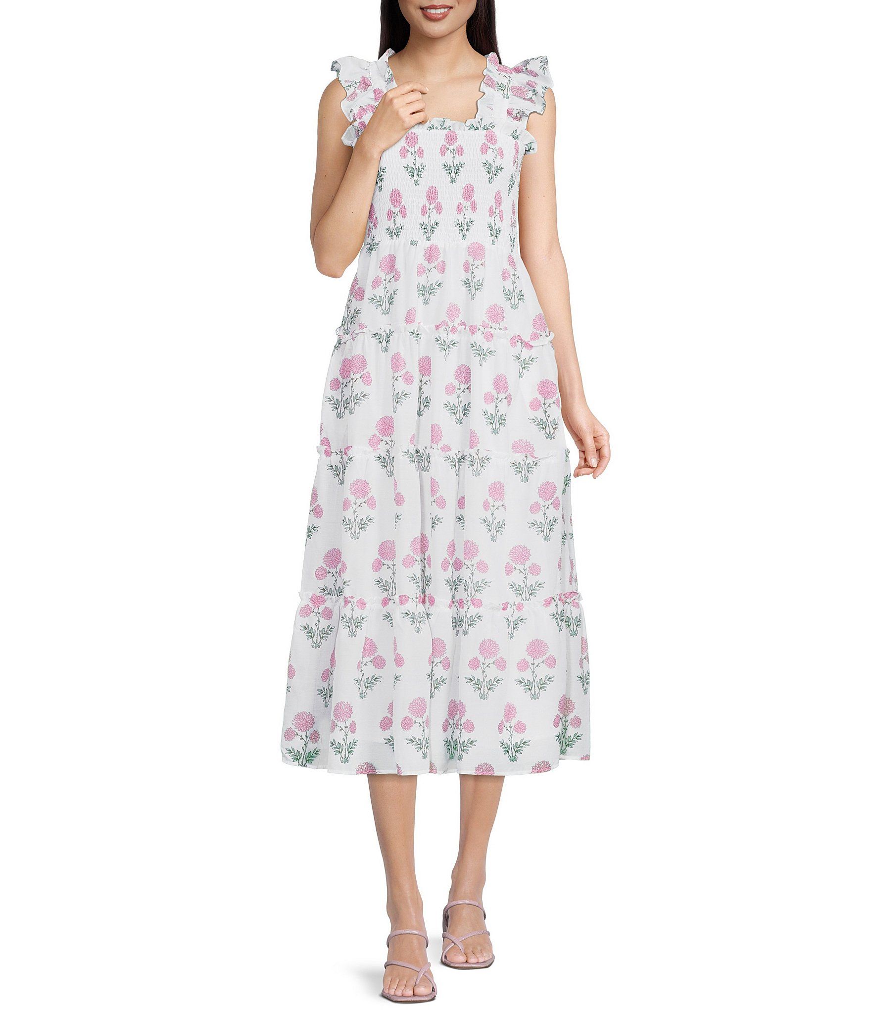 Victoria Floral Print Smocked Ruffle Strap Sleeveless Square Neck Tiered Pocket Midi Dress | Dillard's