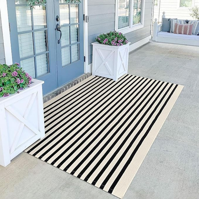 KILOCOCO Beige Striped Rug 4x6 Indoor Outdoor Front Door Rugs Hand Woven Cotton Washable Striped ... | Amazon (US)