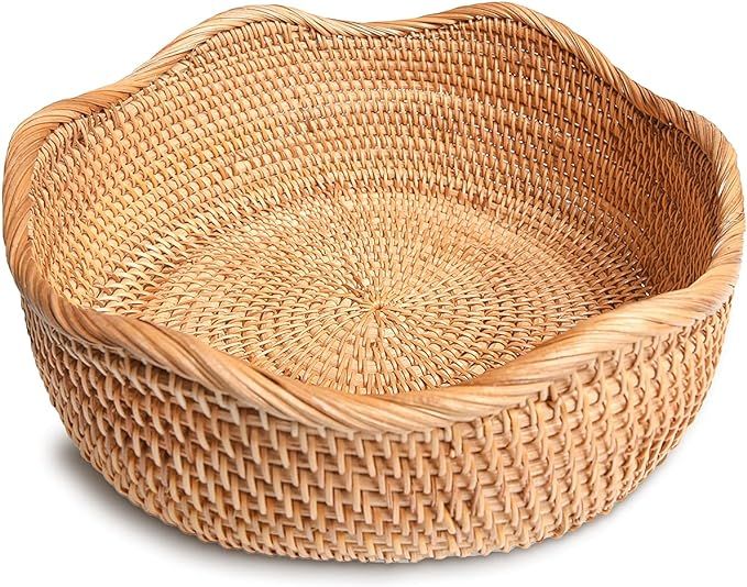 HITOMEN Handmade Round Rattan Basket Lacy Wicher Serving Bowl for Bread, Snack, Fruit, Vegetable ... | Amazon (US)