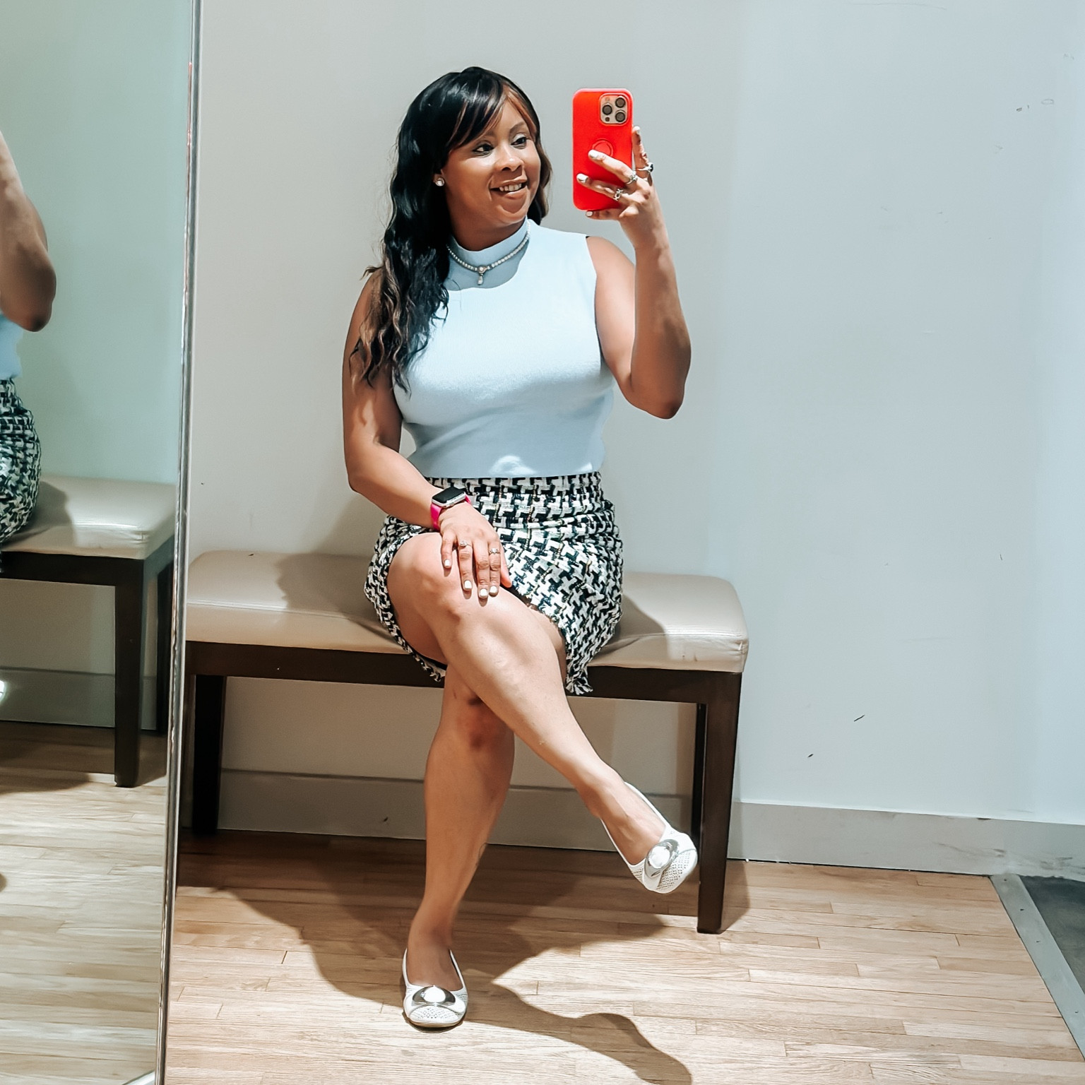 Sitting pretty in my Ann Taylor a-line tweed skirt. Baby blue (perfect sky) mock neck sleeveless top. Cute for spring. Work outfit, business, professional work outfit, sophisticated, conservative outfits. Currently on sale for 30% off. Outfit of the day, ootd, short skirts, above the knee skirt. Petite Houndstooth Tweed Fringe A-Line Skirt, Petite Houndstooth Tweed Cropped Cardigan Jacket, Mock Neck Sweater Shell

#LTKsalealert #LTKworkwear