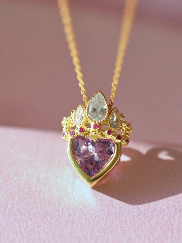 1pc Women's Fashionable Hollow Out Crown Necklace With Diamond Inlay, Elegant & Simple Heart Pend... | SHEIN