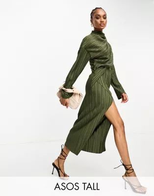 ASOS DESIGN Tall plisse cut out dress with wide sleeve and side twist midi dress in khaki | ASOS (Global)
