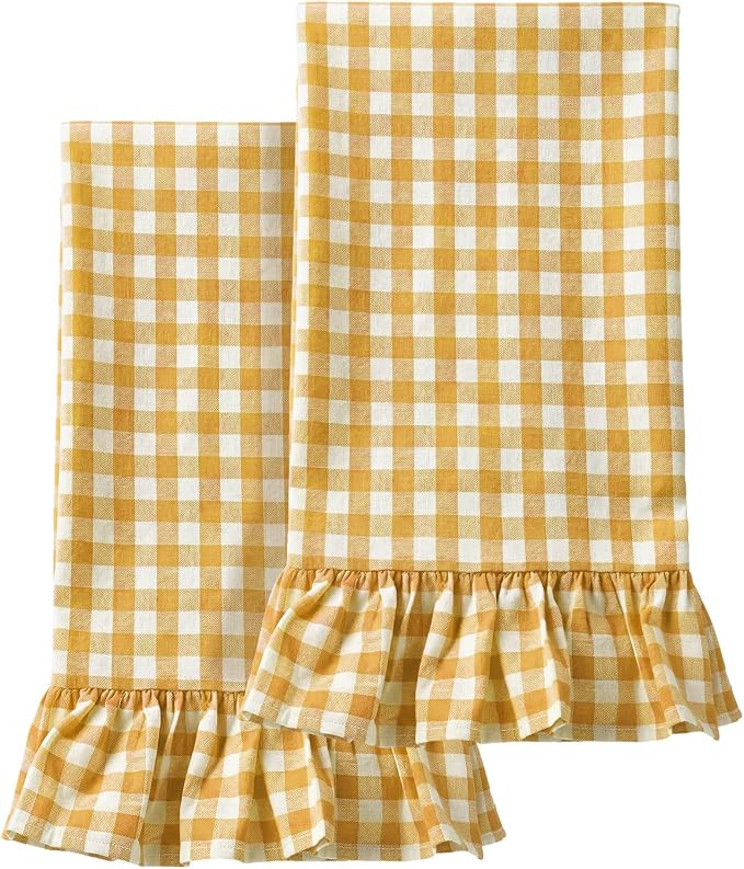 HunnmingRe Yellow Kitchen Towels Set of 2, 100% Cotton Ruffled Gingham Dish Towels 18"x28" Tea Cl... | Amazon (US)